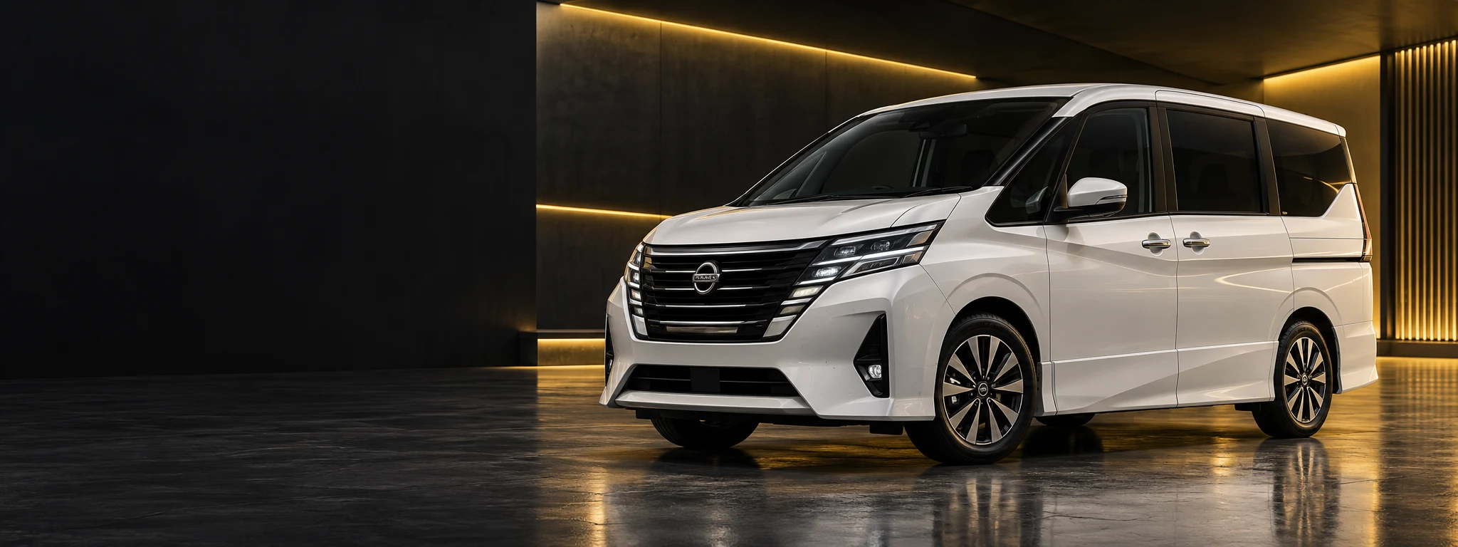 Illustrative white Japanese minivan in a golden-lit automotive studio